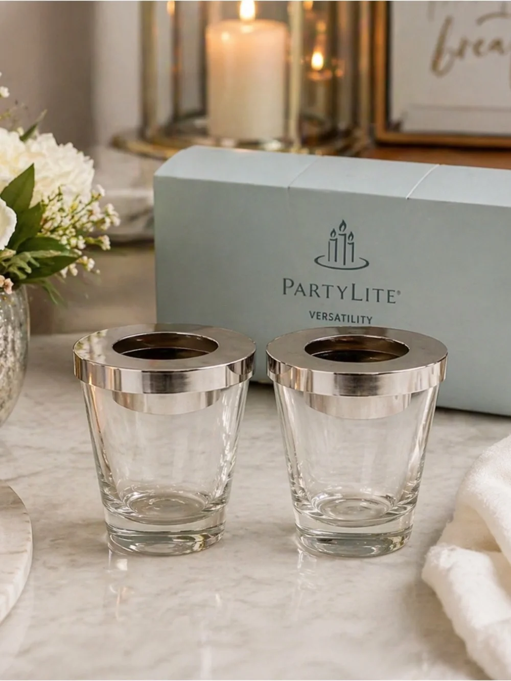 PartyLite Versatility Votive Candle Holder Set Silver Glass Pair NIB Home Decor